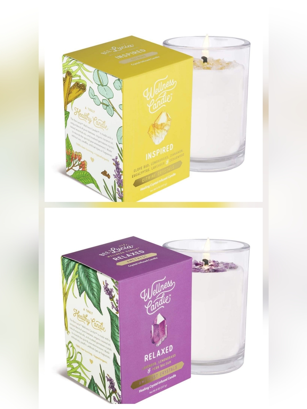 Bee Lucia Inspired & Relaxed Wellness 2 Large Glass Candles Citrine Lavendar New